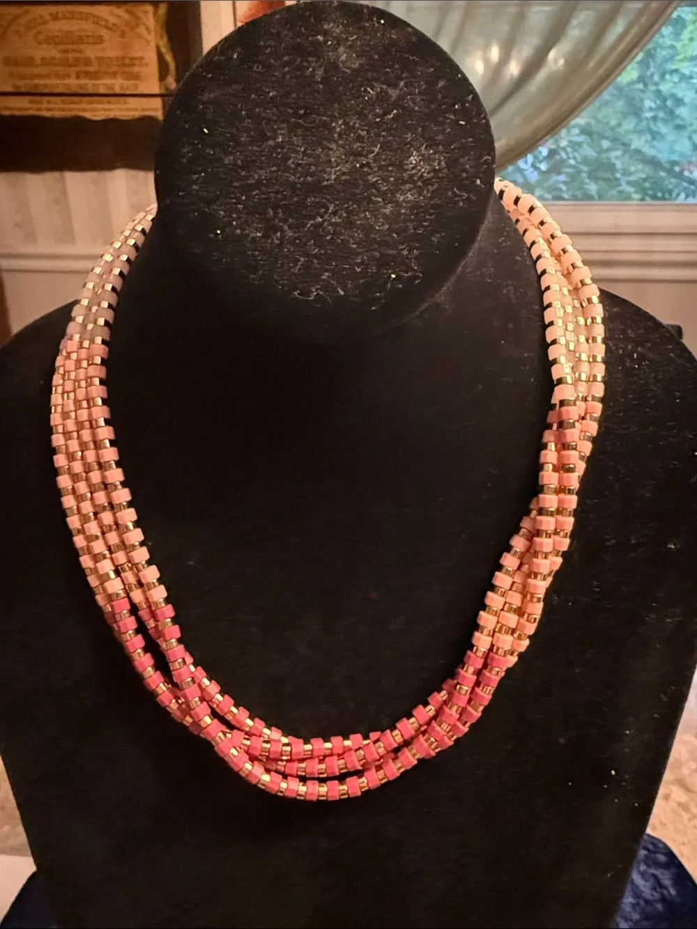 NWOT Talbots, gold tone and pink beaded four strand adjustable necklace